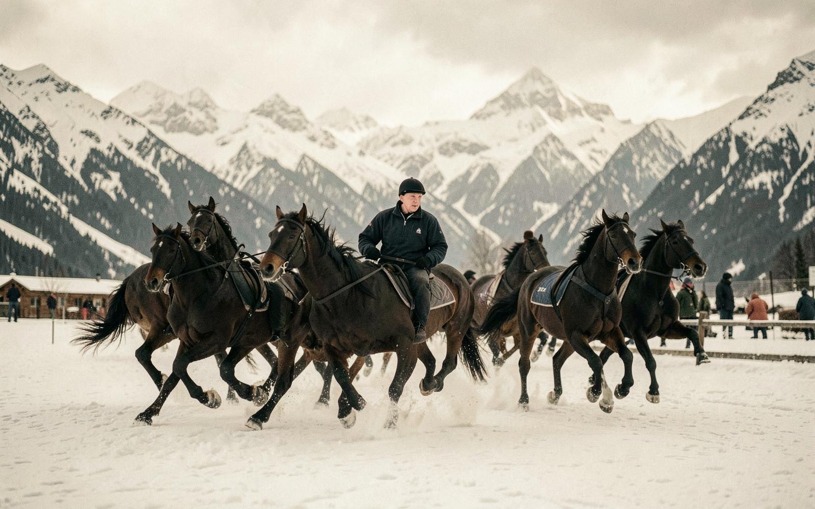 Snow polo ponies galloping on the frozen lake at St. Moritz
